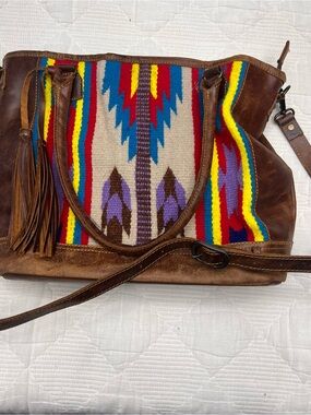 American Darling Brown Leather Shoulder Bag with Multicolor Aztec Panel